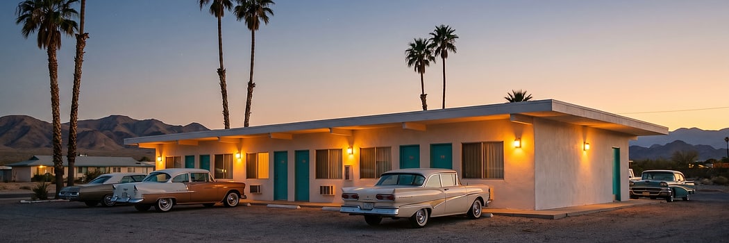 Desert Star Motel at dusk — lit walkway, palms, desert mountains behind
