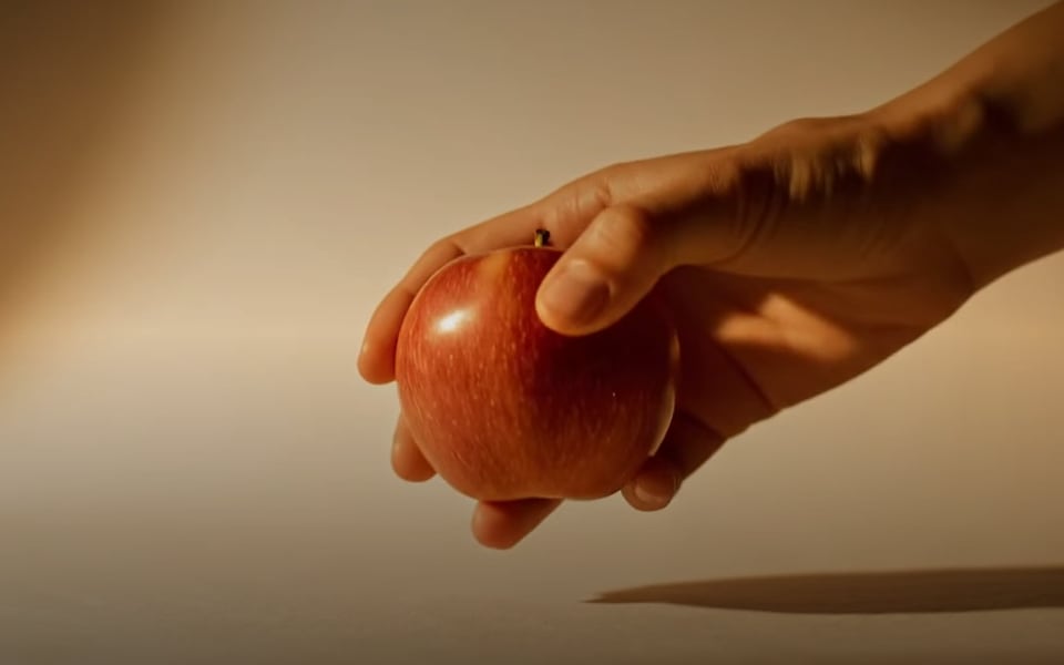 Mela website hero — a hand cradling a red apple on a warm cream backdrop