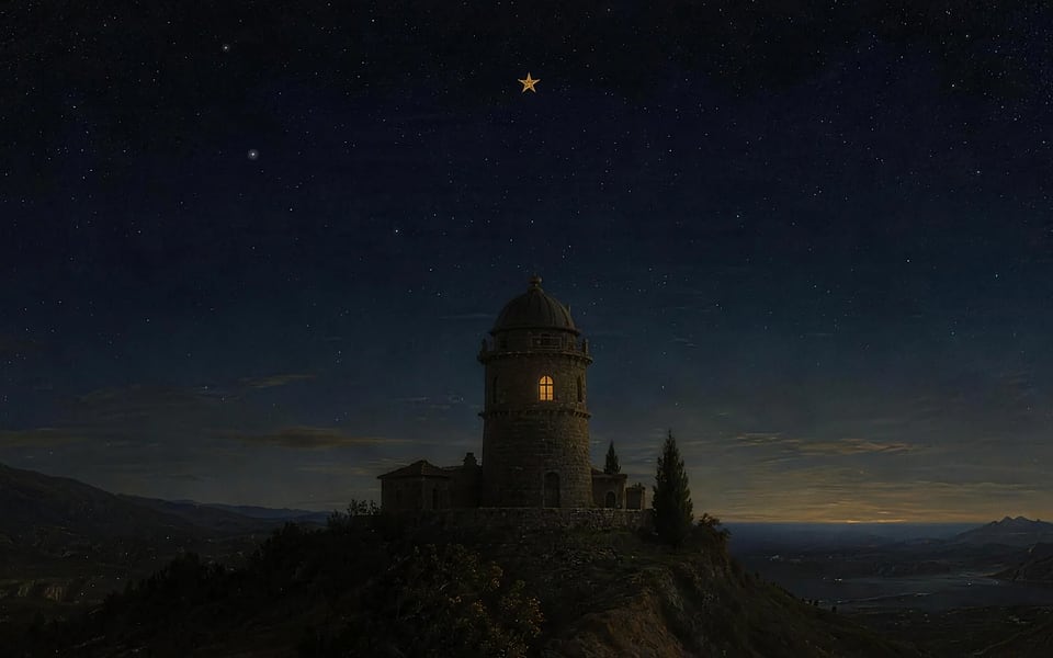 Lodestar website hero — a painted observatory on a hill under a night sky, one gold star overhead