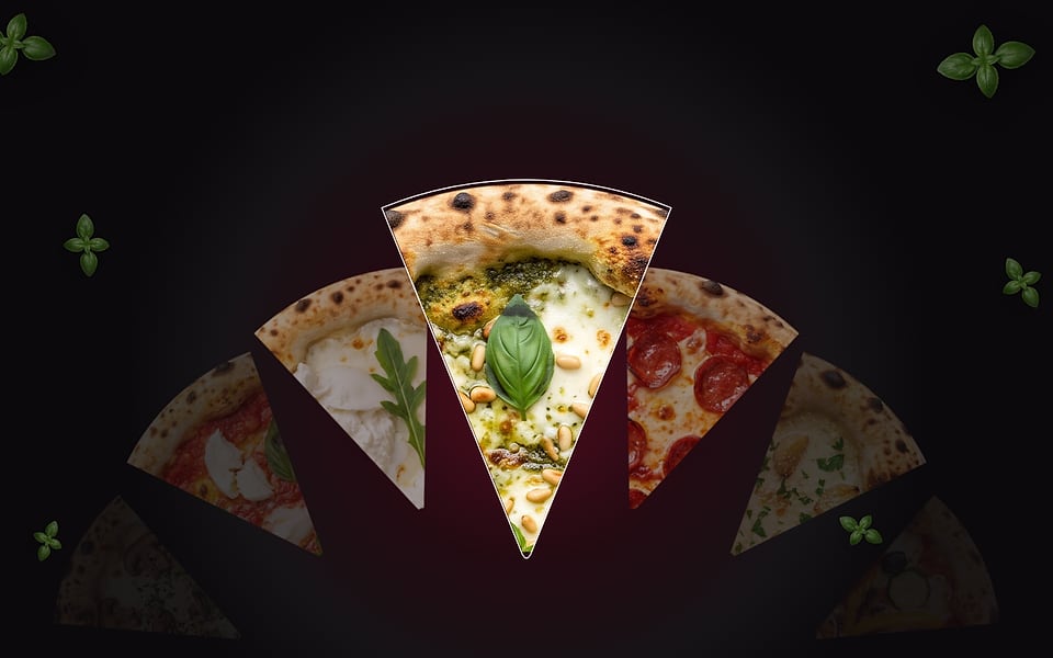 Infocolab Pizza website hero — a radial pizza-flavour dial